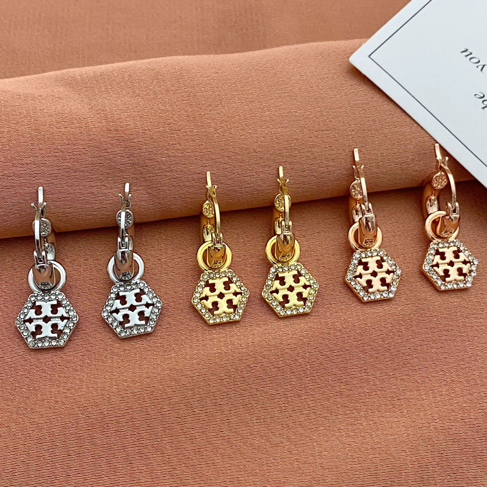 Tory Burch Rhinestone Hollow Letter Hexagon Earrings Metal